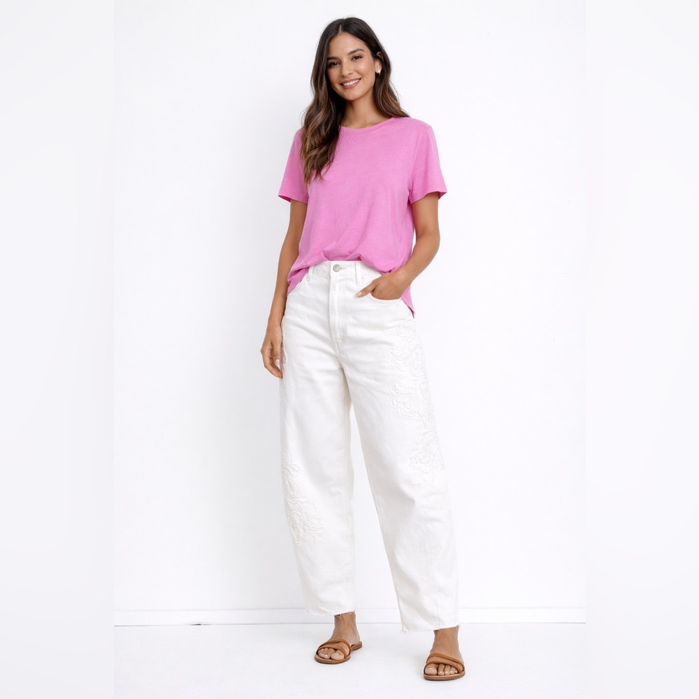 NWT Free People x Driftwood Parker Barrel Jeans Patchwork Petunia Floral Sz 33 - Picture 3 of 13